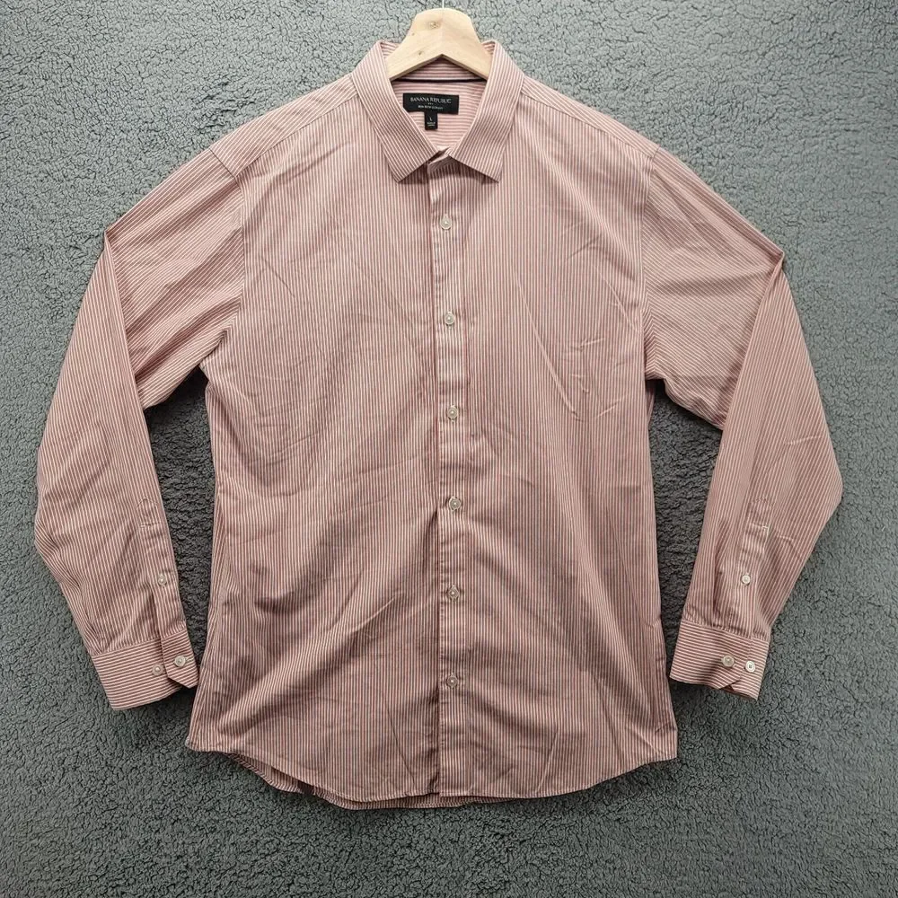 Banana Republic Shirt mens Large Pink stripped Non iron slim‎ fit Long Sleeve